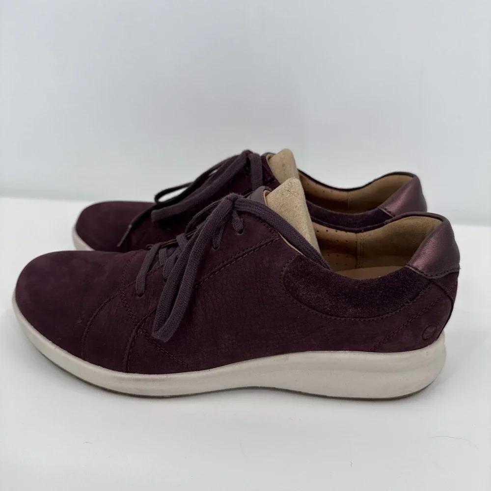 Clarks Sneakers Womens 9 M Un Adorn Shoes Purple Leather Lace Up Comfort Walking